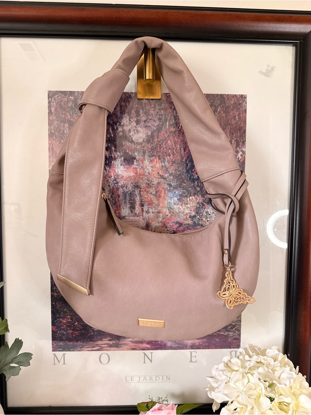 Excellent Pre-loved Condition- HoboTaupe Shoulder Hobo Bag with Decorative Charm